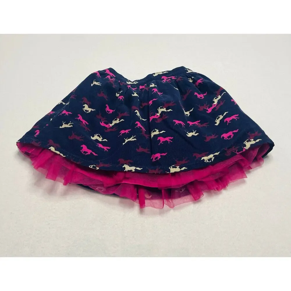 Gymboree Girl’s Navy Blue Corduroy w/ Tulle Equestrian Horse Print Skirt 7